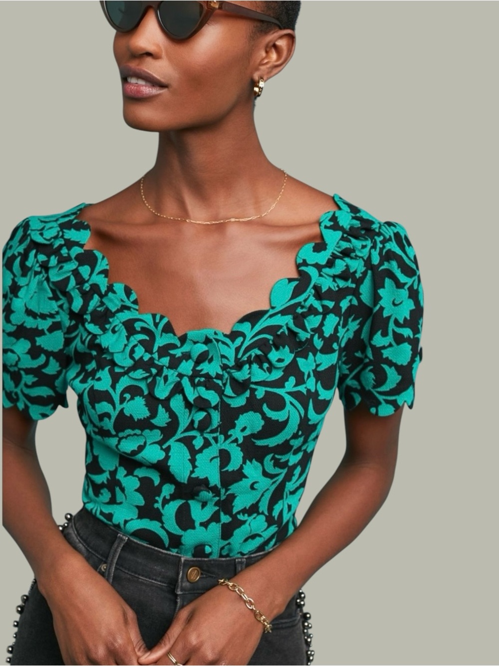 Maeve by Anthropologie Green Floral Puff Sleeve Blouse Size 2